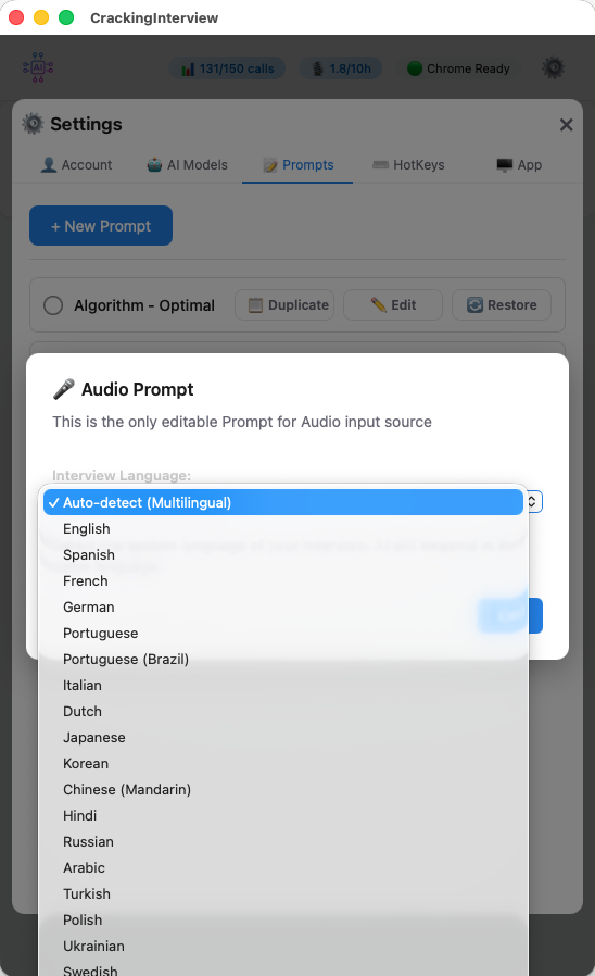 Audio language selection dropdown with 20+ languages