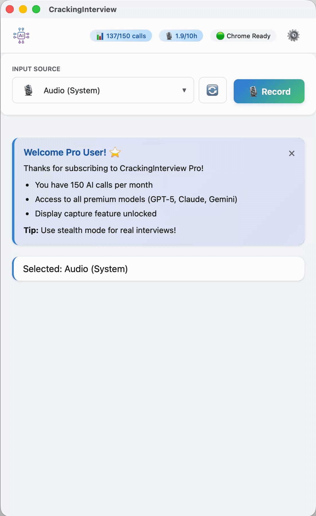 Audio recording — animated demo of system audio capture for verbal interviews