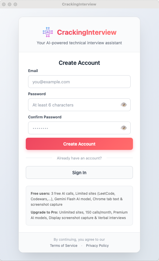 CrackingInterview create account screen