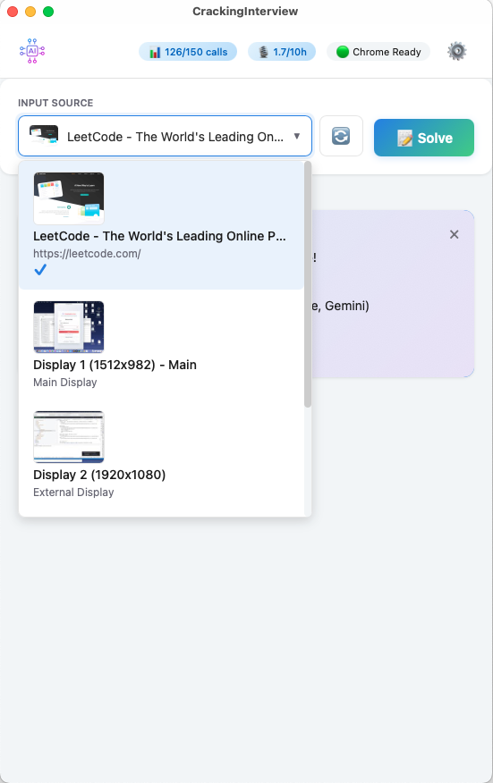 Input source dropdown showing Chrome tabs, displays, and audio