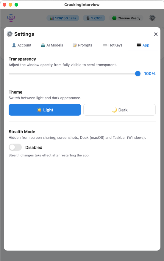 App settings — transparency slider, light/dark theme, stealth mode toggle