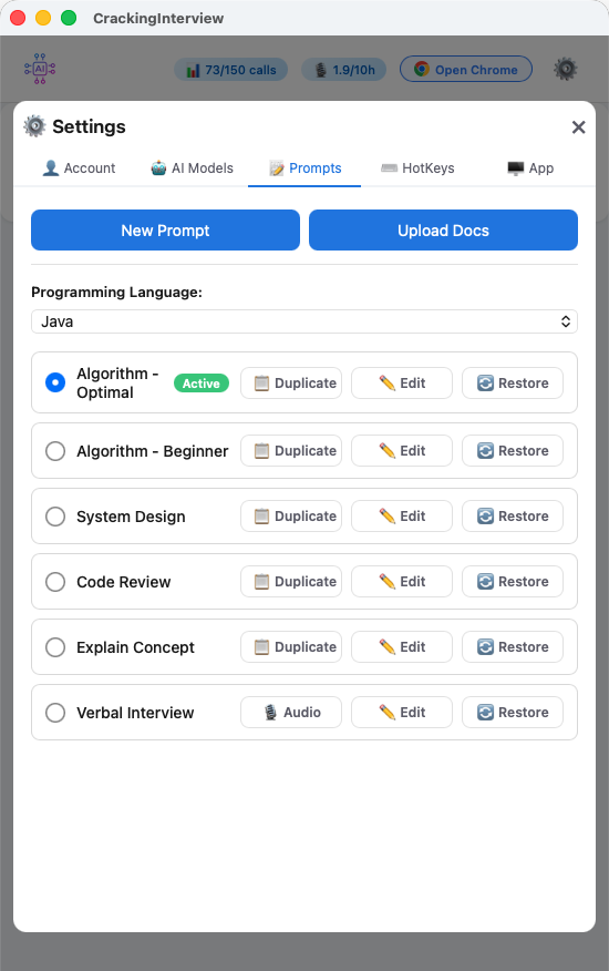 Prompts settings with 6 built-in prompts and language selection
